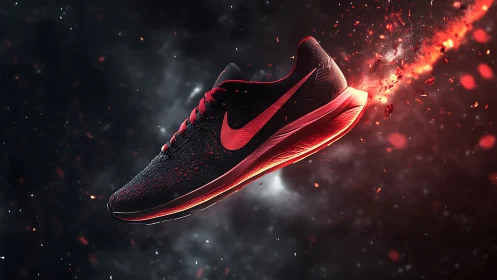 High-contrast red-black running shoe rendered with dynamic particle trail