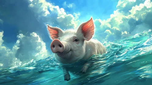 Smiling pig swims through turquoise ocean under sunlight.