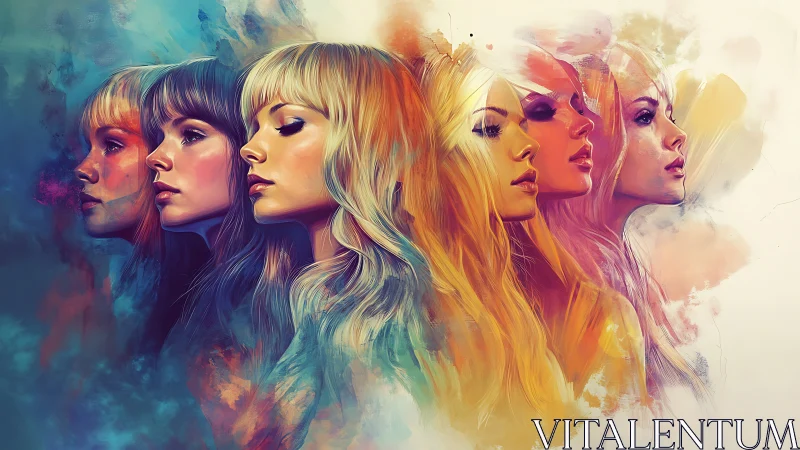 Multiple female profiles rendered in layered digital colors