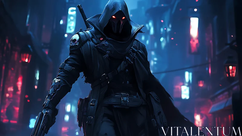 Neon reaper strides through rain lit alleyways of midnight city.