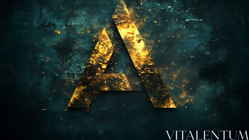 Golden letterform erupts like molten shards in teal dusk