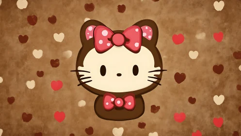 Hello Kitty Illustration with Polka Dot Bows Against Sepia Heart Backdrop