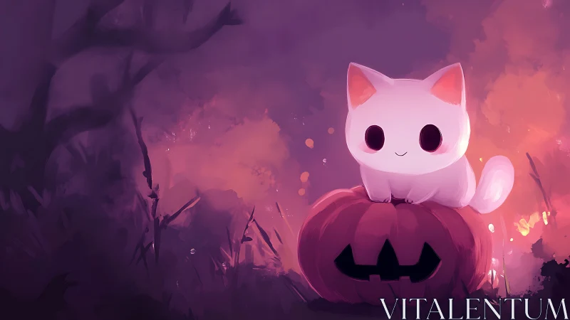 White cat character sits on carved pumpkin in pink-purple landscape.