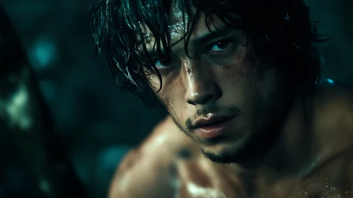 Sweat-slicked survivor locks a storm-bright gaze on danger