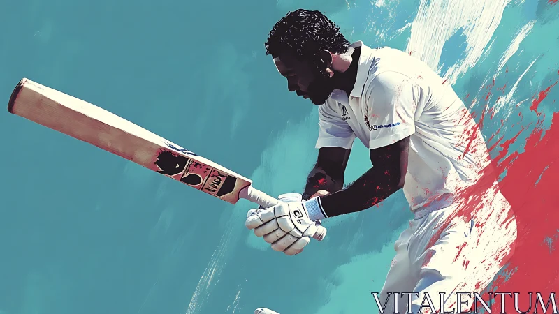 Dynamic cricket batsman mid-swing in vivid paint bursts.