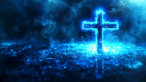 Glowing blue cross emerging from misty illuminated ground.