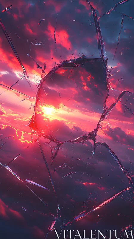 Digital painting of shattered sky portal and neon sunset clouds.