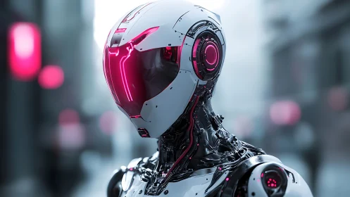 Humanoid robotic figure stands in urban environment background