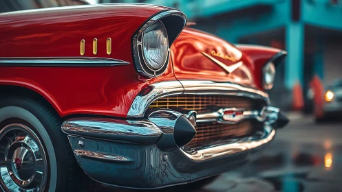 Classic red Chevrolet glows with chrome in urban street scene.
