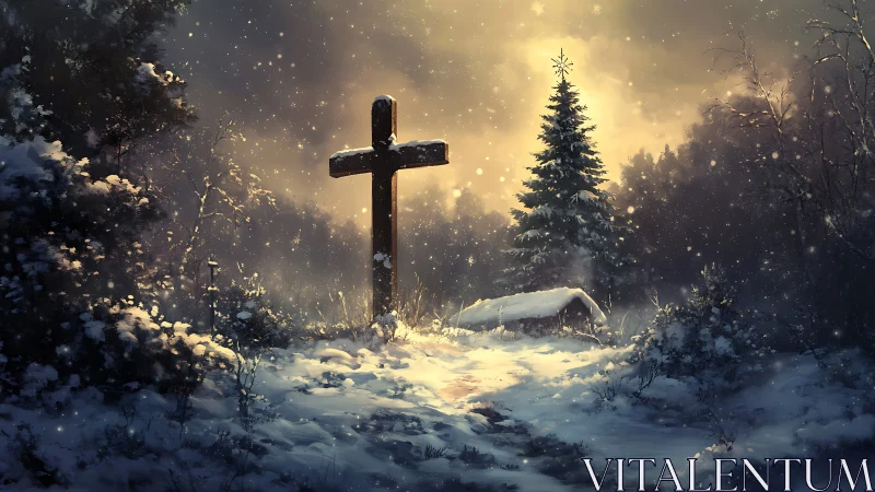 Winter forest cross under glowing dawn sky in snowstorm.