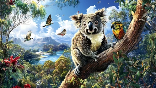 Koala overlooks vibrant rainforest valley in bright sun.