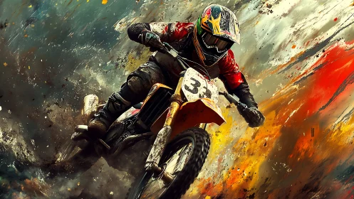 Motocross rider carves through explosive abstract colors.
