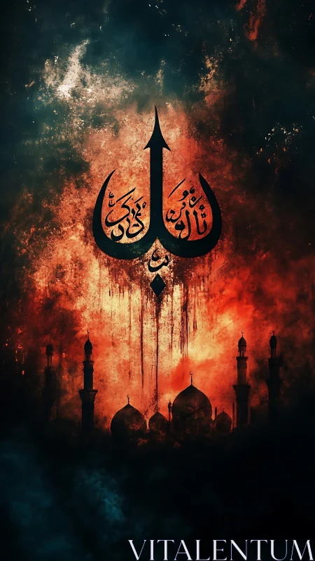 Glowing calligraphy rises above a silhouetted mosque skyline