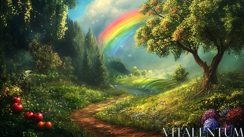 Lush river valley landscape under spectral arc and volumetric light