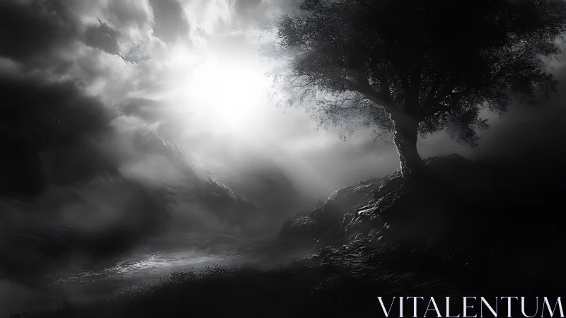 Solitary tree crowns misty hillside under blinding backlight