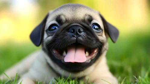 Joyful pug puppy beaming with sunshine-bright happiness.
