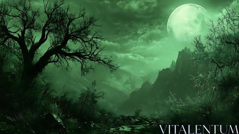 Emerald moonlit valley reveals stark silhouettes and rugged peaks