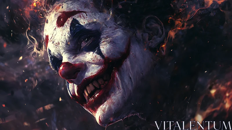 Laughing flame-lit clown in a storm of dark sparks.