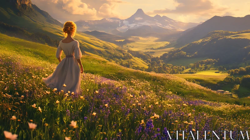 Backlit girl surveys alpine valley under warm golden hour lighting