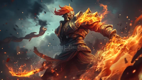 Armored fire warrior channels dynamic flame arcs in stormy battlefield