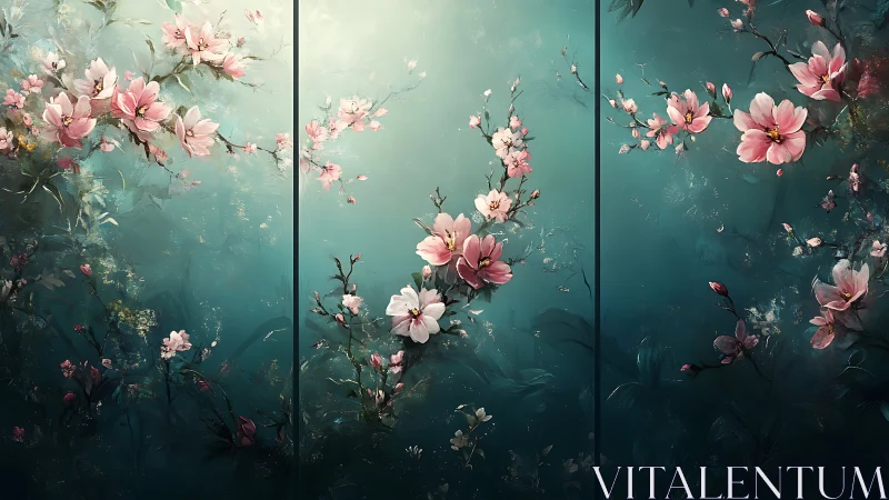 Dreamlike cherry blossoms drift across teal twilight panels.