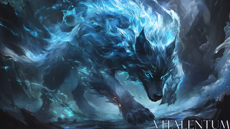 Stormborn frost wolf lunges through ghostly blue wildfire.