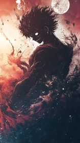 Shadowborn warrior under crimson moon in swirling void.