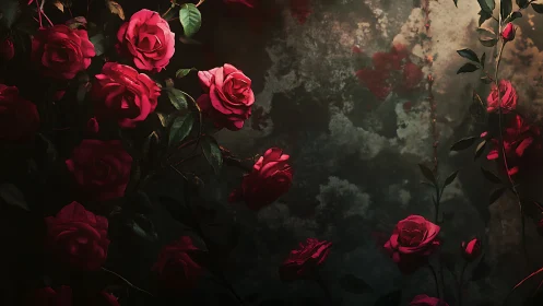 Crimson Roses Against Weathered Stone Wall.