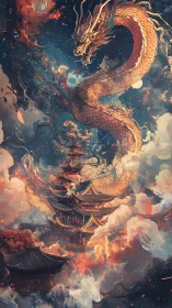Celestial dragon coiling above luminous fantasy pagoda city.