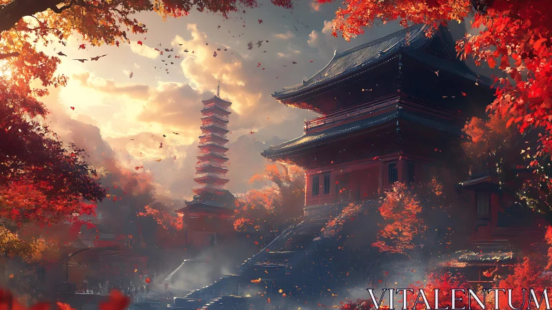 Autumn temple complex in cinematic golden backlight rendering.