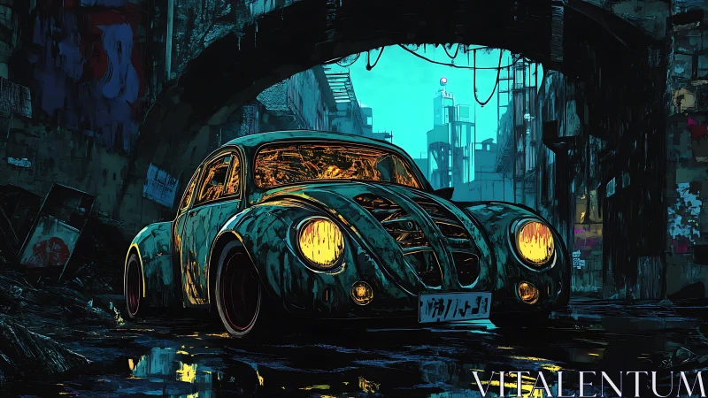 Rustic retro car in dystopian neon urban alleyway scene.