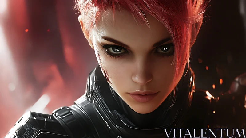 Fierce pink‑haired cyber warrior in molten light focus.