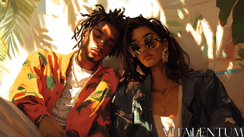 Digitally Rendered Portrait: Two Subjects in Warm Sunlit Interior with Tropical Vegetation