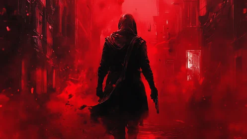 Mysterious hooded wanderer in a glowing red alleyway.