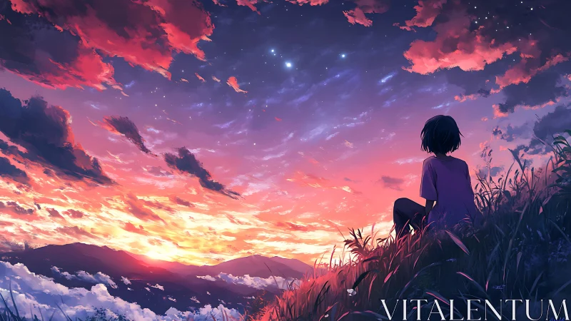 Solitary figure watches vivid sunset sky over distant mountains