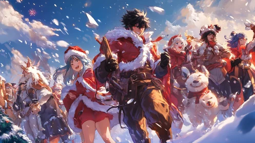 Group of costumed figures proceeds through snowy outdoor scene