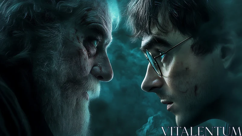 Two injured male faces confront each other in dense teal haze