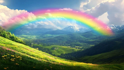 Rainbow arch crowns a dream-bright alpine valley vista.