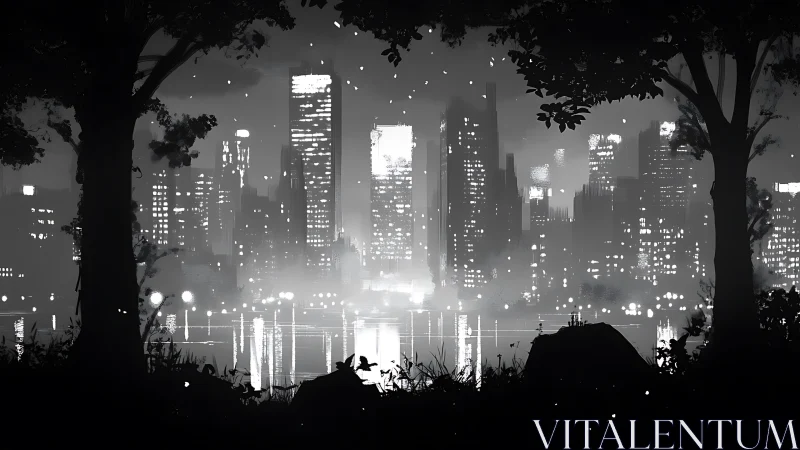 Noir city skyline framed by silhouetted riverside trees.