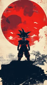 Lone warrior silhouette beneath a blazing crimson moon.