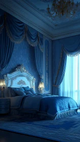 Bedroom interior displays ornate blue classical decor details