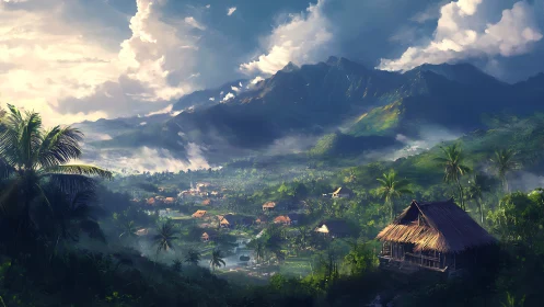 Tropical valley village rendered in atmospheric digital realism