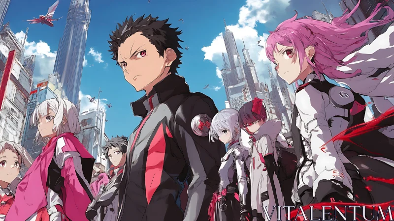 Futuristic anime team in cityscape with high-rise towers.