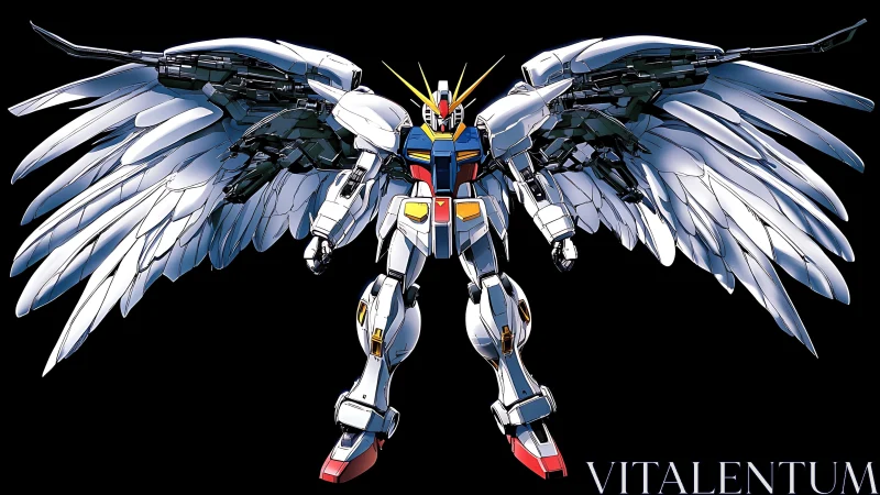 Winged humanoid mecha with articulated armor and dual rifles deployed