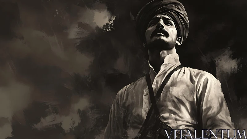 Monochrome digital portrait studies heroic low-angle turbaned figure