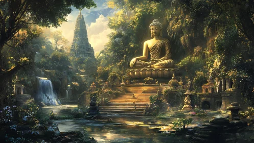 Golden Buddha statue in lush temple valley at sunrise.