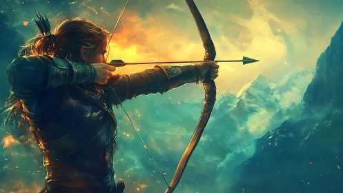 Archer draws bow against blazing mythic mountain sky