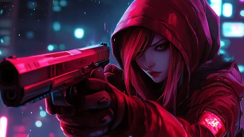 Cyberpunk sniper girl aims pistol in neon drenched alleyway.