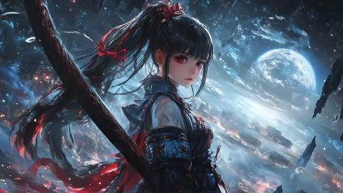 Sword-wielding anime girl stands over luminous ruined city