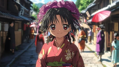 Smiling kimono girl walks sunny traditional Japanese street